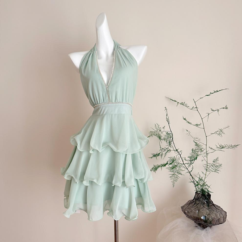Carys Halterneck Pearl Ruffle Mini Dress