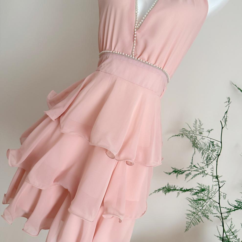 Carys Halterneck Pearl Ruffle Mini Dress