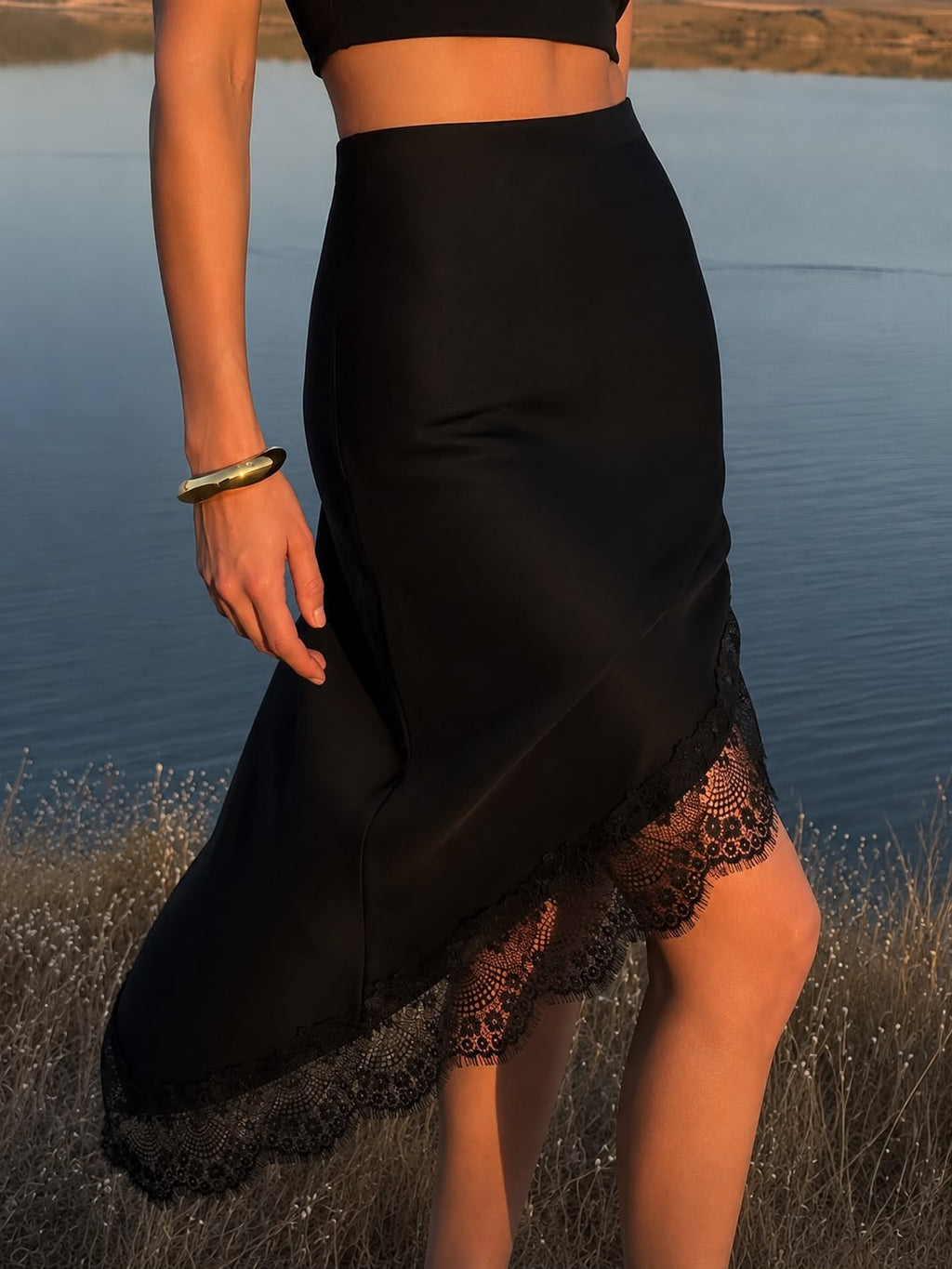 Linn Satin Lace Asymmetric Midi Skirt